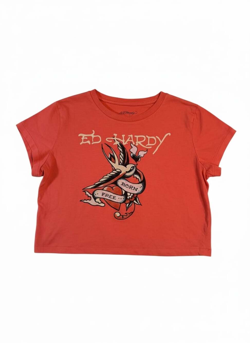 Ed Hardy Y2K Style Baby Tee Crop Top XL Orange Tattoo Graphic Swallow Womens